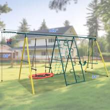 6 In 1 Multifunction Outdoor Kids Swing Set, W/Climbing Frame Glider U-Swing Climbing Net Disc Swing And Basketball Hoop 700 LBS Heavy Duty Large Swing Frame For Backyard Park - Green - View 3