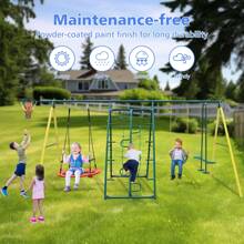 6 In 1 Multifunction Outdoor Kids Swing Set, W/Climbing Frame Glider U-Swing Climbing Net Disc Swing And Basketball Hoop 700 LBS Heavy Duty Large Swing Frame For Backyard Park - Green - View 2