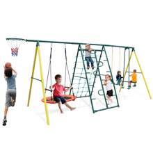 6 In 1 Multifunction Outdoor Kids Swing Set, W/Climbing Frame Glider U-Swing Climbing Net Disc Swing And Basketball Hoop 700 LBS Heavy Duty Large Swing Frame For Backyard Park - Green - View 8