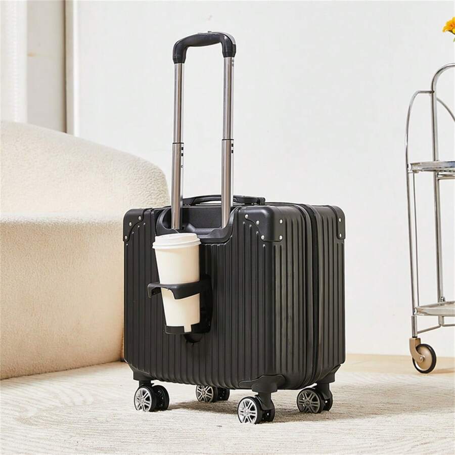 1 pezzo Bagaglio a mano da 18 pollici di colore solido con design semplice, valigia leggera da business con ruote e portabicchieri, valigetta da viaggio più spessa per forniture scolastiche, articoli essenziali per dormitorio universitario, articoli essenziali per le vacanze, articoli scolastici, articoli essenziali per le crociere