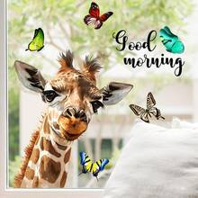 1pc, Cartoon Giraffe Butterfly English Window Sticker, Window Glass Decoration Double-Sided Printing Can Be Window Paste Wall Sticker - Multicolor - View 4