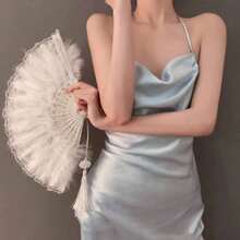 欧式复古蕾丝花边女扇，夏兰花扇，舞蹈、表演、摄影用，折扇最佳礼物 - 白色 - 查看 7