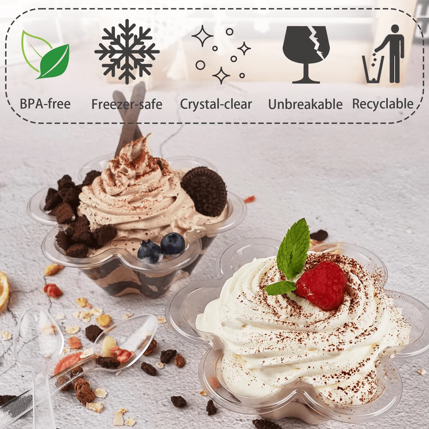 LANSKYLAN 50 Pcs Coupe Dessert Plastique En Cœur - Tasse 150ml Avec Cuillère - Mini Verrine Tiramisu Transparent Pour Fête, Pudding, Mousse, Crème Glacée