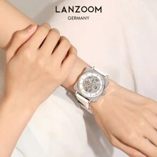 LANZOOM方園自動機械手錶，白色扭結矽膠表帶，新的空心設計，適合日常佩戴、裝飾和送禮 - 白色 - 查看 3