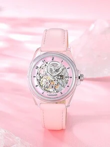 LANZOOM女款機械表，透明錶帶，中空設計，時尚且適合日常裝飾 - 無色 - 查看 6