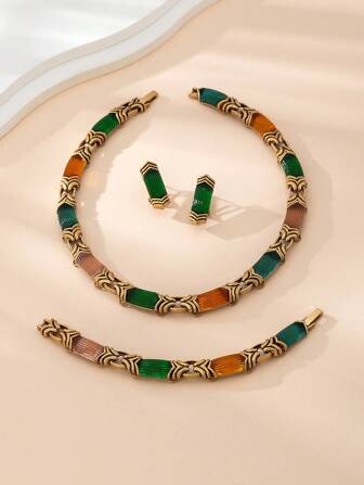 1 Set: 1pc Vintage Style Necklace, 1 Pair Earrings, 1pc Bracelet, 1pc Necklace, Classic Retro Design For Women