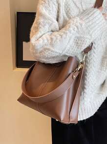 女士大容量水桶包，新款复古时尚宽带斜挎包，单肩手提手提包，适合外出、购物、送礼、骑行、运动、送礼、旅游、通勤 - 棕色 - 查看 4