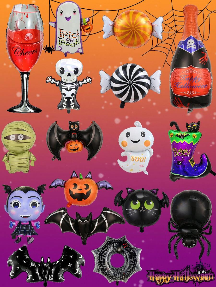 1入組萬聖節主題外星人形狀鋁箔氣球，帶可愛的卡通蜘蛛、鬼和網印花，萬聖節背景派對裝飾，節日家居和庭院場景裝飾，道具 - 彩色 - 查看 1