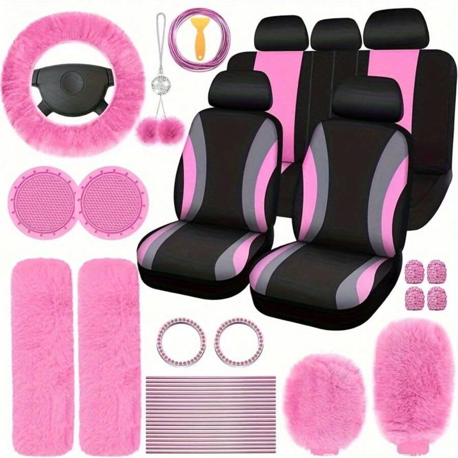 35pcs Car Seat Set Plush Pendant Steering Wheel Universal Car Accessories Interior Set - The Perfect Choice For Fashionable Ladies - 粉色 - 查看 1
