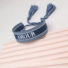 1個刺繡法語詞語"AMOUR" 創意手工編織的法式復古手鍊，適用於情侶，節日禮物和祝福手鍊 - 藏蓝色 - 查看 4
