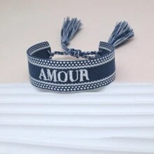 1個刺繡法語詞語"AMOUR" 創意手工編織的法式復古手鍊，適用於情侶，節日禮物和祝福手鍊 - 藏蓝色 - 查看 2