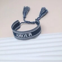 1個刺繡法語詞語"AMOUR" 創意手工編織的法式復古手鍊，適用於情侶，節日禮物和祝福手鍊 - 藏蓝色 - 查看 5