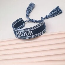 1個刺繡法語詞語"AMOUR" 創意手工編織的法式復古手鍊，適用於情侶，節日禮物和祝福手鍊 - 藏蓝色 - 查看 3