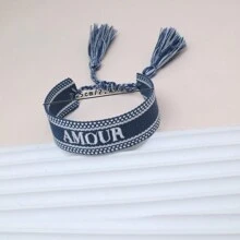 1個刺繡法語詞語"AMOUR" 創意手工編織的法式復古手鍊，適用於情侶，節日禮物和祝福手鍊 - 藏蓝色 - 查看 6