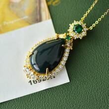 1 pièce Ensemble pendentif de collier en pierre gemme naturelle noire, incrustation en pierre gemme noire plaquée or, bijoux de mode en jade doré, bijoux de mode, collier de femmes, collier de pierres gemmes, cadeau de vacances, cadeau pour elle. - O3 - Voir 4