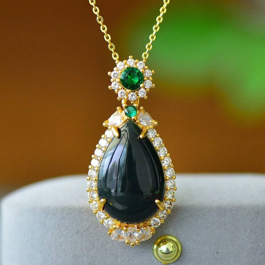 1 pièce Ensemble pendentif de collier en pierre gemme naturelle noire, incrustation en pierre gemme noire plaquée or, bijoux de mode en jade doré, bijoux de mode, collier de femmes, collier de pierres gemmes, cadeau de vacances, cadeau pour elle. - O3 - Voir 1