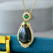 1 pièce Ensemble pendentif de collier en pierre gemme naturelle noire, incrustation en pierre gemme noire plaquée or, bijoux de mode en jade doré, bijoux de mode, collier de femmes, collier de pierres gemmes, cadeau de vacances, cadeau pour elle. - O3 - Voir 3