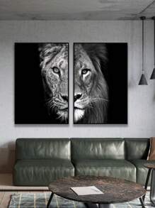 两幅/套帆布画，现代艺术风格，非洲狮虎黑色背景，当代奢华艺术风格，适用于浴室、办公室、宿舍、客厅、卧室、玄关、桌面、沙发背景墙的墙面装饰，理想的礼物，家居装饰 - 彩色 - 查看 2
