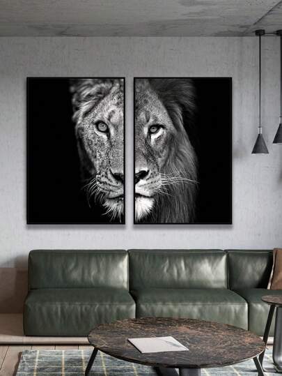 两幅/套帆布画，现代艺术风格，非洲狮虎黑色背景，当代奢华艺术风格，适用于浴室、办公室、宿舍、客厅、卧室、玄关、桌面、沙发背景墙的墙面装饰，理想的礼物，家居装饰