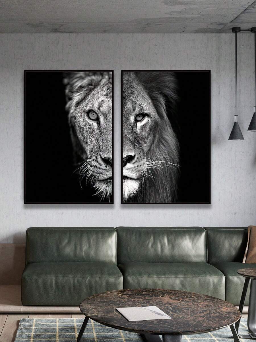 两幅/套帆布画，现代艺术风格，非洲狮虎黑色背景，当代奢华艺术风格，适用于浴室、办公室、宿舍、客厅、卧室、玄关、桌面、沙发背景墙的墙面装饰，理想的礼物，家居装饰