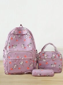 3pcs Girls' Cartoon Bear Design Nylon School Bag Backpack Set, Including Zip Closure Backpack, Shoulder Bag And Pencil Case - Purple - View 1