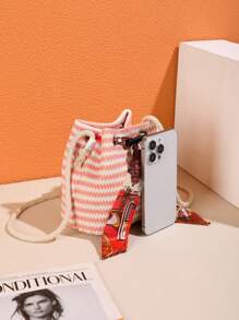 Scarf Retro Water Ripple Straw Bucket Bag Shoulder Striped Messenger Bag Holiday Beach Bag - Multicolor - View 4