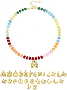 1pc Initial Necklaces For Women, Colorful Beaded Gemstone Choker 14K Gold Bubble Letter Pendant Necklace Natural Stone Summer Beach Handmade Jewelry Gift