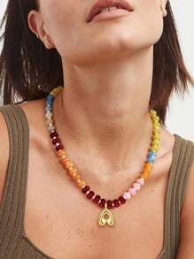1pc Initial Necklaces For Women, Colorful Beaded Gemstone Choker 14K Gold Bubble Letter Pendant Necklace Natural Stone Summer Beach Handmade Jewelry Gift