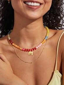 1pc Initial Necklaces For Women, Colorful Beaded Gemstone Choker 14K Gold Bubble Letter Pendant Necklace Natural Stone Summer Beach Handmade Jewelry Gift