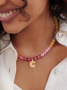 1pc Initial Necklaces For Women, Colorful Beaded Gemstone Choker 14K Gold Bubble Letter Pendant Necklace Natural Stone Summer Beach Handmade Jewelry Gift