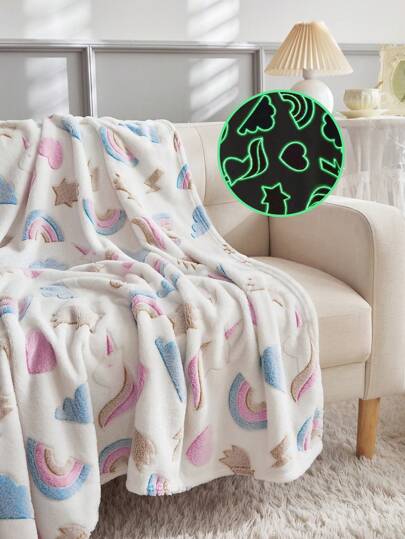 1pc Unicorn & Rainbow Printed Glow In The Dark Kids' Blanket, Flannel Princess Style Bedding Blanket For Girls, All Seasons Love Valentine