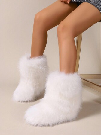 Matcha med tröja, Kvinnor Fluffiga snöstövlar Casual Flat Fuzzy Mid-Calf Boots Vita