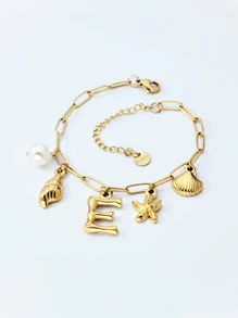 1 buc brățară cu pandantiv placată cu aur de 18K, brățară cu lanț din oțel inoxidabil, colier cu literă din scoică, pandantiv din aur, stil boem de plajă, bijuterii cadou cu stea de mare Surfer de 18K, stil Ins, brățară din aur, Crăciun, Halloween, cadou elegant