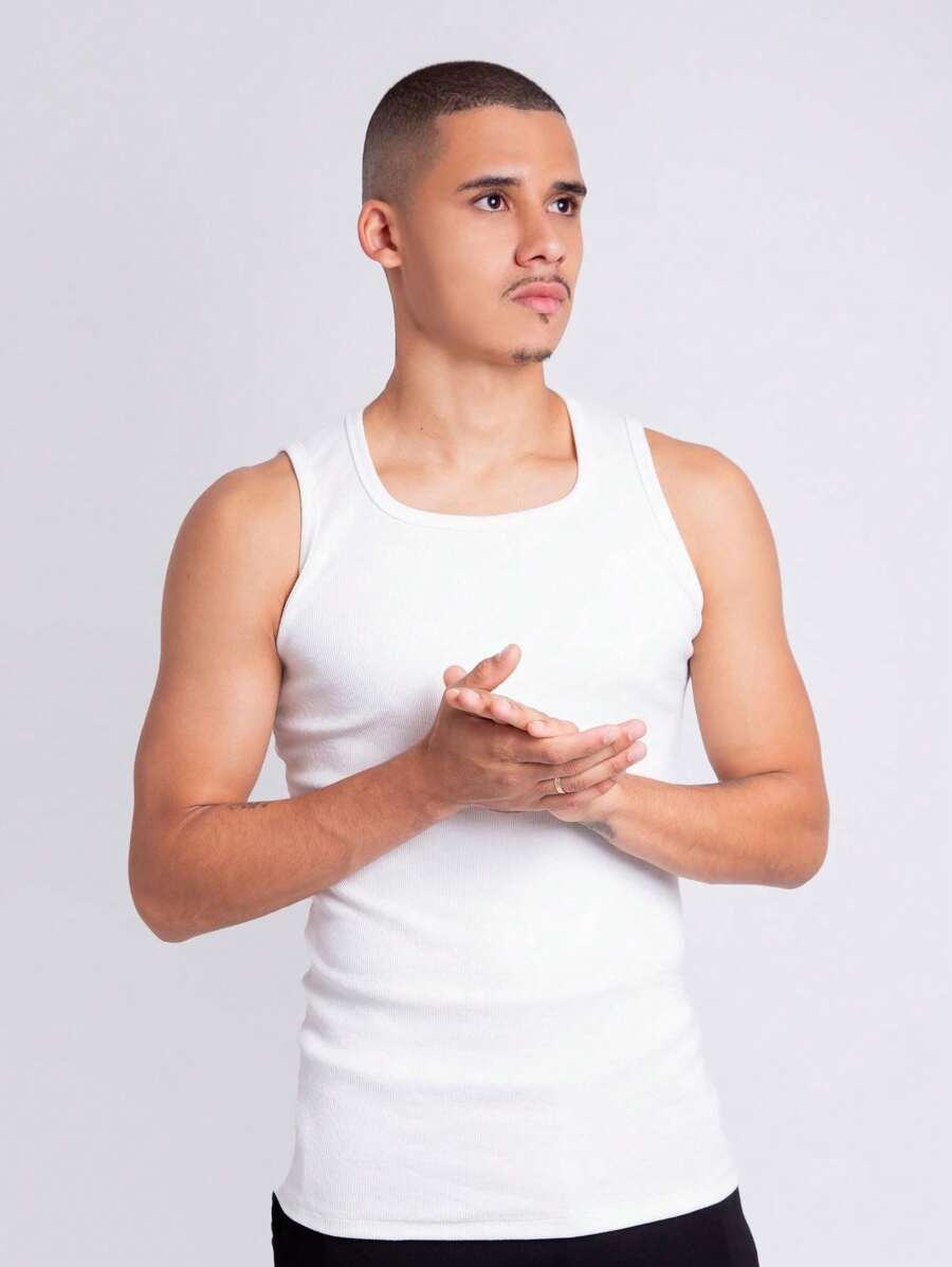 TS SHEIN Premium American Ribbed Tank Top USA Black White Brown Coffee Beige Blue Gray Black Ribana - trắng - Xem 1