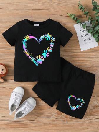 Baby Girls' Cute Heart Printed Short Sleeve Top And Shorts Set, Summer