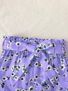 年轻女孩 2 件套休闲时尚夏季服装，时尚印花上衣和长裤套装 - 紫色 - 查看 7