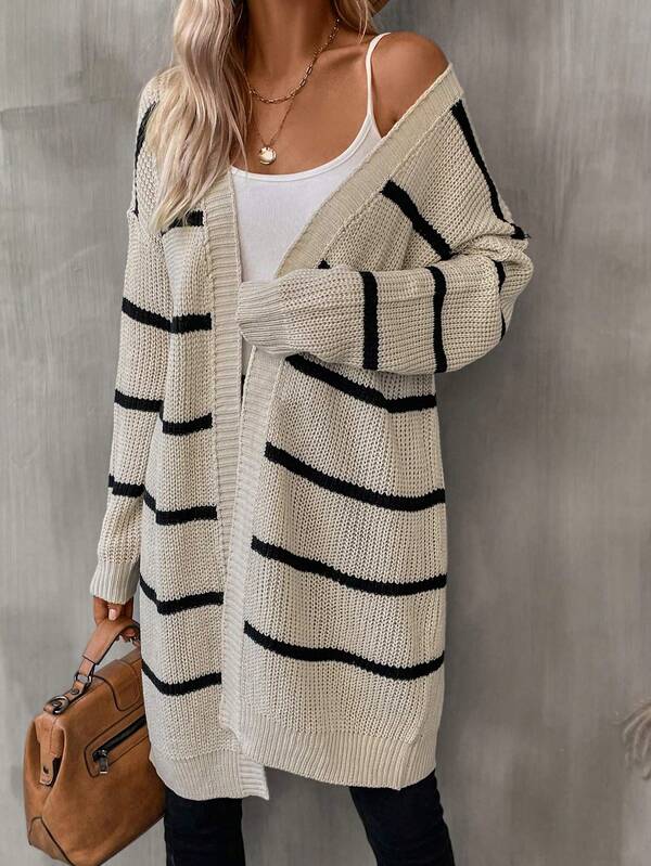 Cárdigan de hombros caídos a rayas, manga larga informal para mujer, otoño invierno