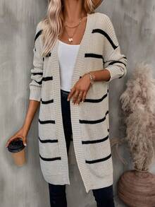 Cárdigan de hombros caídos a rayas, manga larga informal para mujer, otoño invierno