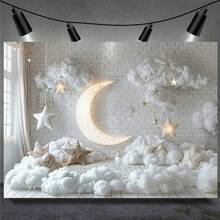 1 Peça Painel de Bottom de Lua e Nuvem 210*150cm/150*100cm/100*75cm Estrelas Brancas para Decoração de Festa de Aniversário, Casamento, Batizado, Chá de Bebê, Adequado para Noiva, Presente, Decoração de Parede de Quarto e Sala de Estar, Cabine de Fotos - Multicolorido - Visão 2
