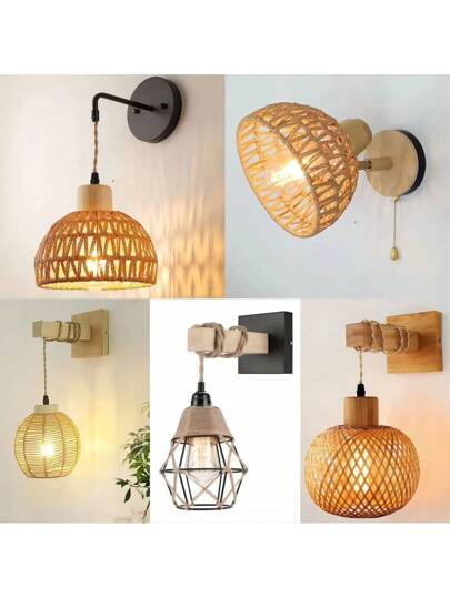 1pc Vintage Paper Woven Wand Lamp, Southeast Asian Rustic Farmho Creative Wood Rattan Sconce Pull Chain Switch (Lamp Body Only, Bulb Not Included)