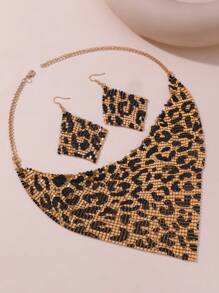 NAIZHU Ensemble de collier et boucles d'oreilles pour femmes à motif léopard exagéré et texture métallique de 3 pièces pour fête à la mode