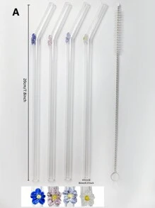 Set (4 Straws + 1 Brush) Reusable Glass Straws Cute Colorful Flower Glass Straws, Colorful Floral Design Heat-Resistant Glass Straw, Washable Reusable Fruit Drinking Smoothies, Milkshakes, Juices, Teas,Kitchen,Christmas Gift,School Supplies