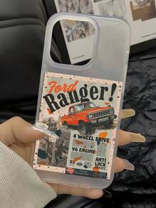 奢华复古TPU时尚防震单件磨砂质感手机壳，带挂绳孔，耐高温彩色喷绘摄像头孔，复古汽车海报设计，优质TPU材质，生日礼物，春季派对适用 - 半透明 - 查看 5