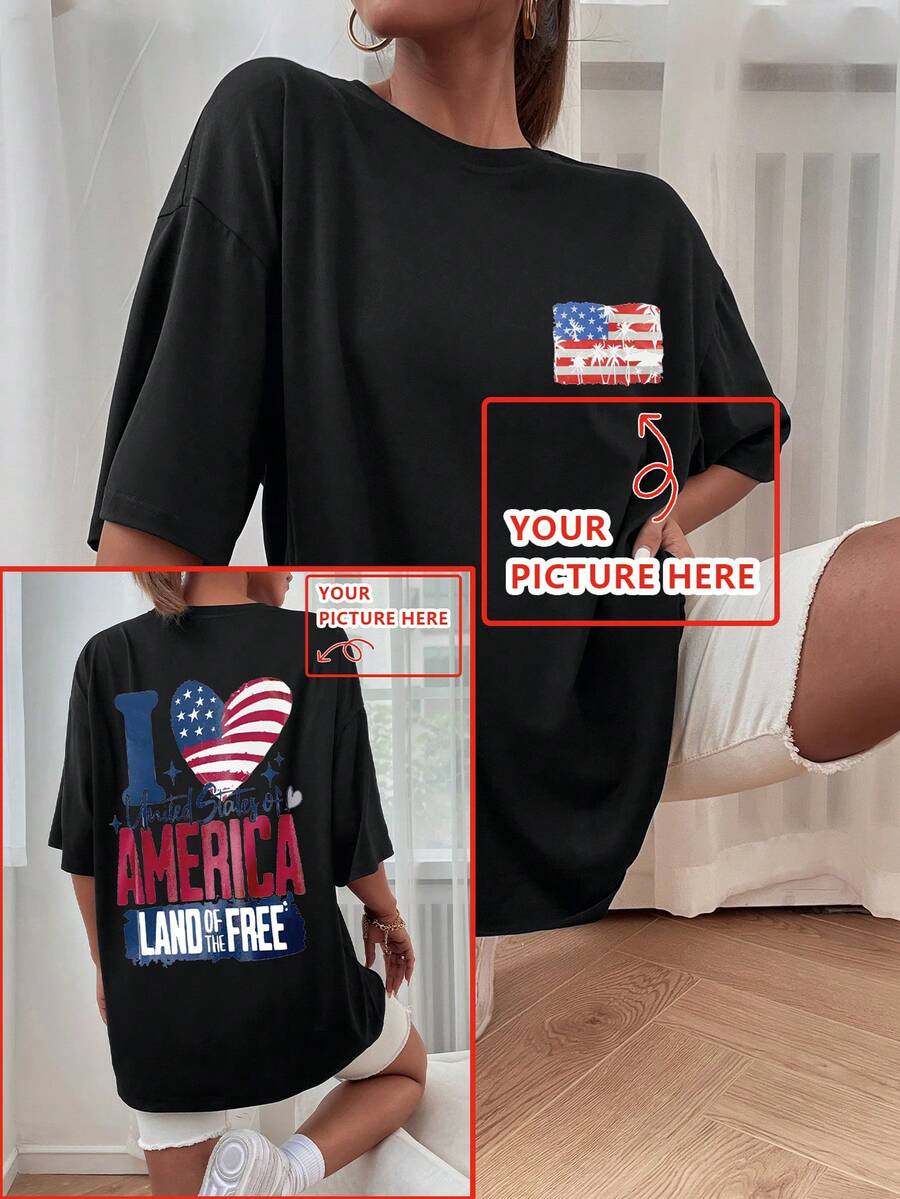 Customized Gift For Christmas, Thanksgiving, Design Your Own Women's T-Shirt - Add Your Own Text/Images (Slogan/Quote/Name/Badge/Company Logo/Family Photo/Selfie) To Create Personalized Printed T-Shirt Fashion, Hipster, Contracted, Easy Costume, Minimal Chic, Casual, Cute, Unique, Custom, Belle Costume, Ideal Gifts For Her, Family, Friends, Pink Girls, For Holiday, For Vacation, For Anniversaries, Vacay Vibe, Customized Women Tops, Look Glamour, Delicate Romance, Women Apparel - Black - View 1