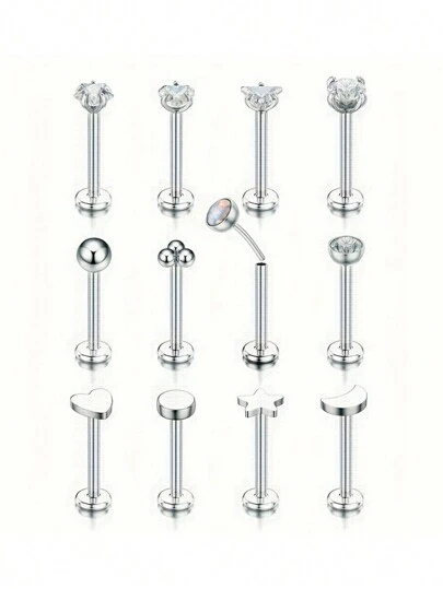 12pcs 16G 18G 20G Flat Back Earrings 316L Stainless Steel Threadless Tragus Cartilage Nose Pin Push Pin Lip Pin Ring Medusa Piercing Jewelry Hypoallergenic Men And Women