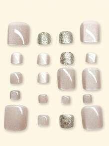 24 件短方形浅粉色猫眼闪光脚趾甲片，含指甲锉和果冻胶，按压式指甲，美甲用品，指甲 - 藕粉色 - 查看 2