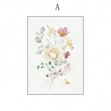 装饰性抽象水彩花卉、花蕾和叶子绘画，现代时尚风格，简约家居装饰墙艺术，客厅/卧室背景，礼物，无框架帆布印刷品 - 彩色 - 查看 9