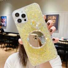 1 Ốp Điện Thoại Màu Hồng Lấp Lánh Có Nơ Và Gương Tròn, Tương Thích Với IPhone 15 Pro Max Và Samsung S24 - Hồng - Xem 6