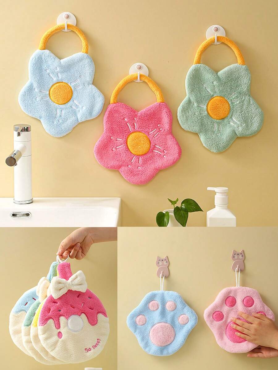 1入創意卡通花朵、水果、蔬菜形狀珊瑚絨手巾，可愛有趣貓腳印印刷浴室、廚房、餐廳清潔除油吸水抹布，柔軟親膚家居多功能掛式清潔布，旅行戶外便捷小毛巾