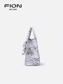 FION Bamboo Jacquard With Cow Leather Tote Bag Women Handbag Crossbody Shoulder Bag,Top Handle, FAAFAMW005 - Light Grey - View 6